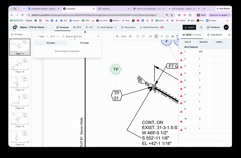 Purplefish Advanced ISO Search: an OCR text search running across a 17-page ISO package, with page thumbnails, an isometric drawing showing tie point markers, and the Bill of Material panel alongside