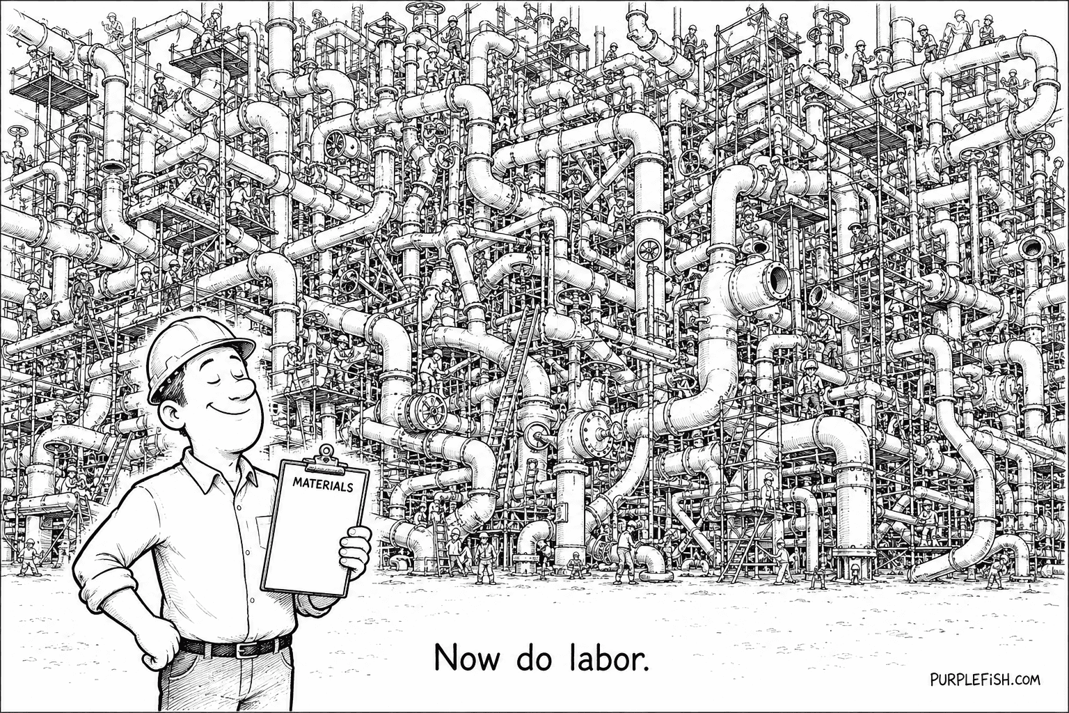 Pen-and-ink cartoon of an estimator holding a clipboard labeled 'Materials' in front of a massive industrial pipe rack crowded with pipes, flanges, valves, and workers, captioned 'Now do labor.' - illustrating why labor takeoff is the harder half of the estimate