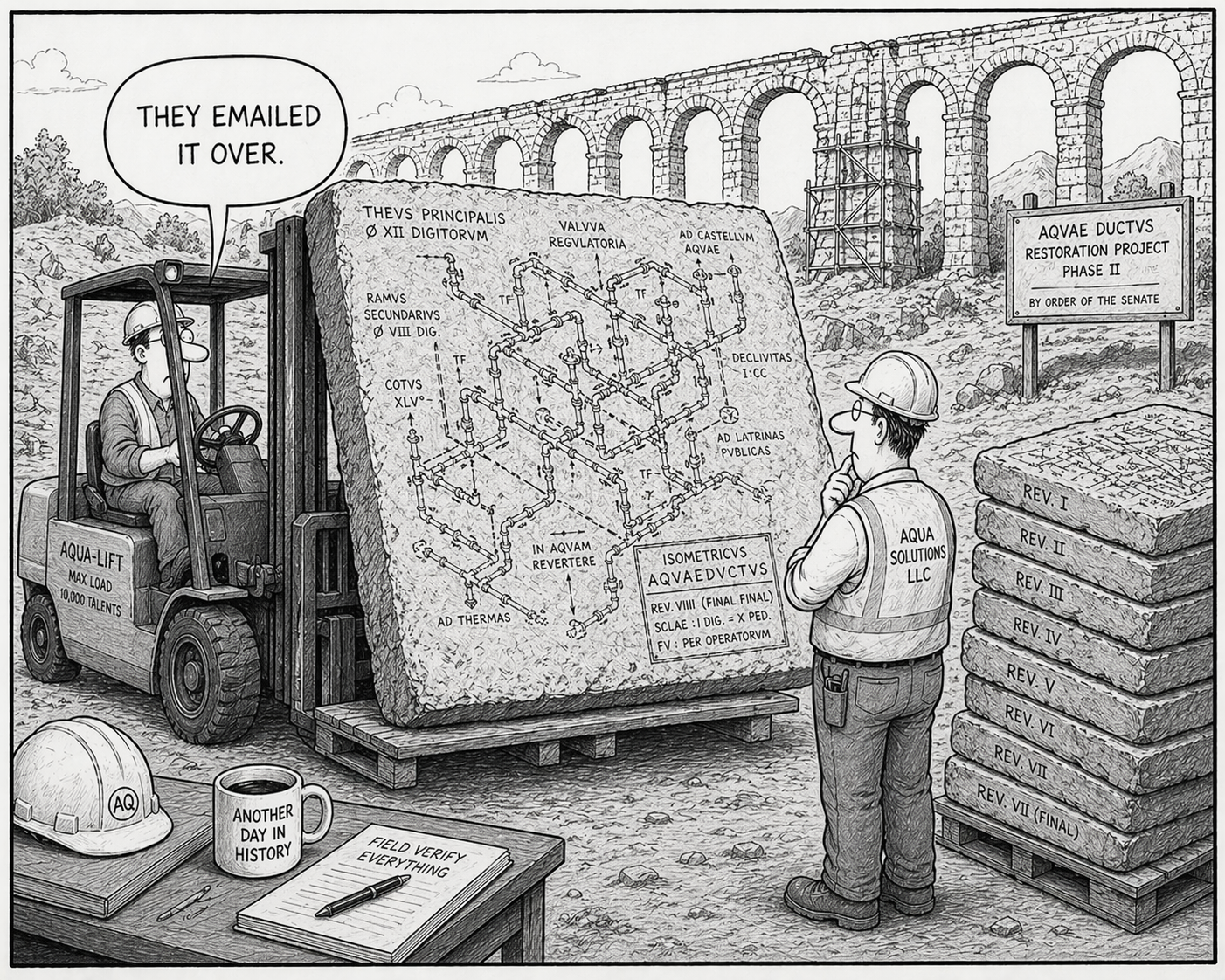 Roman construction workers at an aqueduct site with one on a forklift delivering a stone tablet with a piping isometric drawing, another worker from Aqua Solutions LLC examining it, stacked revision tablets nearby, and a 'Field Verify Everything' clipboard on the table