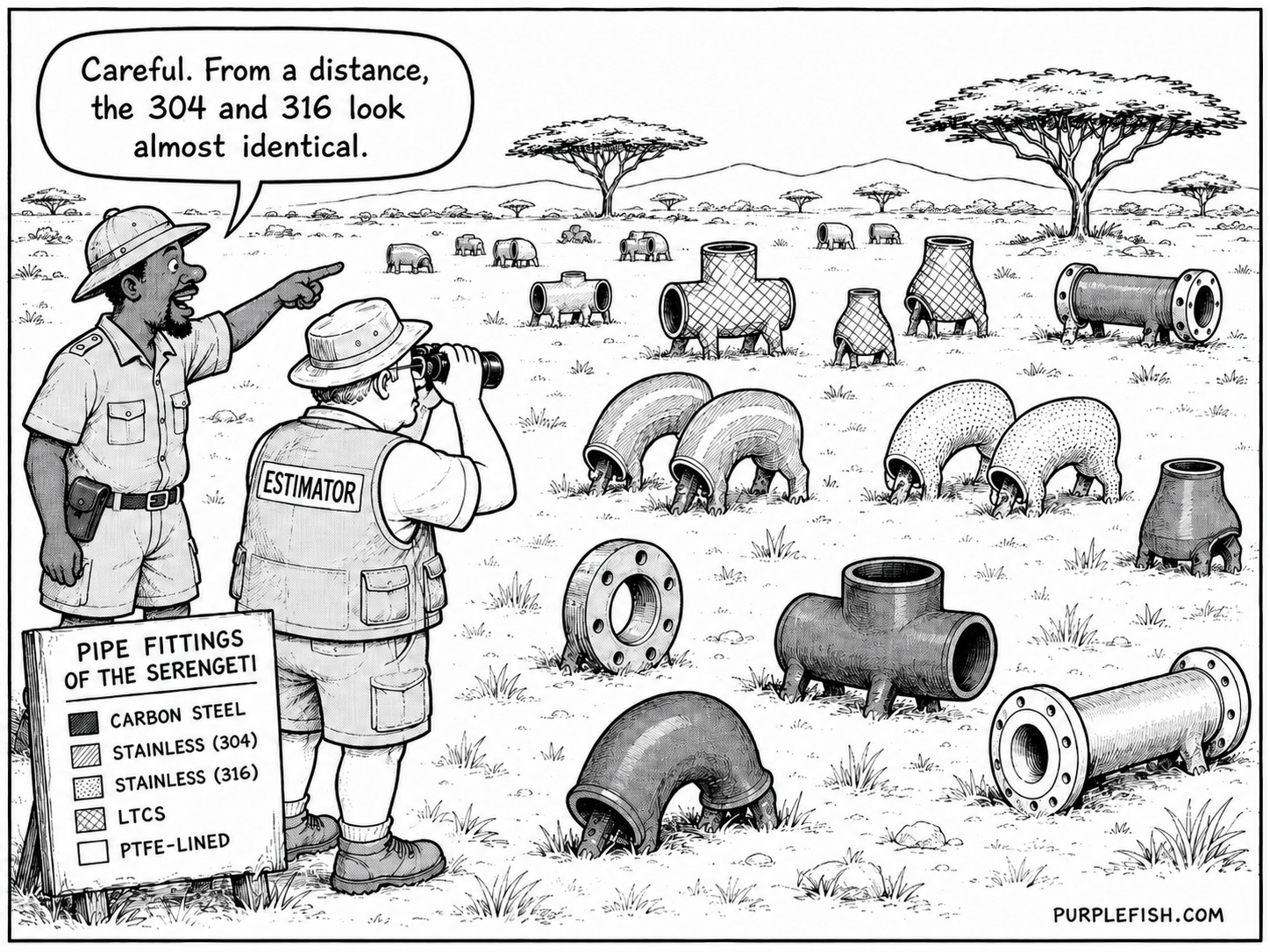 Two safari explorers observing pipe fittings grazing like wildlife in the Serengeti, with a legend showing material types - Carbon Steel, Stainless 304, Stainless 316, LTCS, and PTFE-Lined. One explorer wearing an Estimator vest says 'Careful. From a distance, the 304 and 316 look almost identical.'