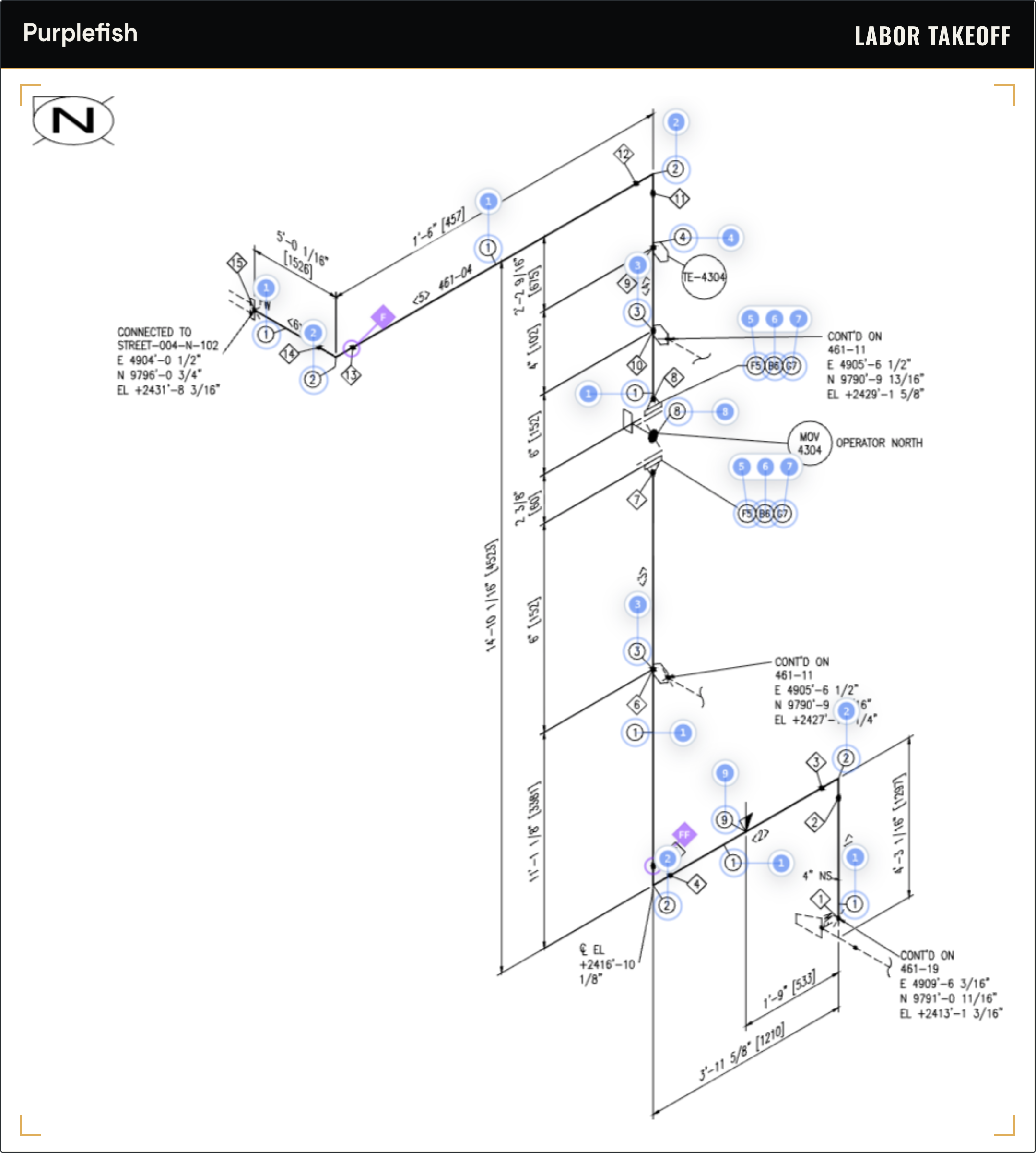 Purplefish Labor Takeoff interface showing a piping isometric drawing with every weld and joint circled and numbered, cross-referenced to flanges, valves (MOV 4304, TE-4304), and coordinate callouts, so each weld traces back to the exact spot on the ISO