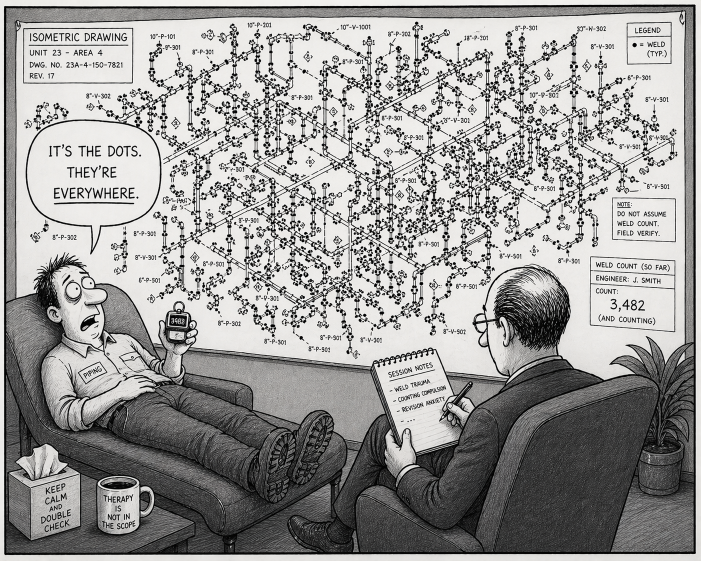 A pipe estimator in a therapy session staring at a wall covered in complex isometric piping drawings. His weld counter reads 3,482. Speech bubble says "It's the dots. They're everywhere." Therapist's notes read: weld trauma, counting compulsion, revision anxiety. Tissue box says "Keep Calm and Double Check." Therapy mug says "Therapy is not in the scope."