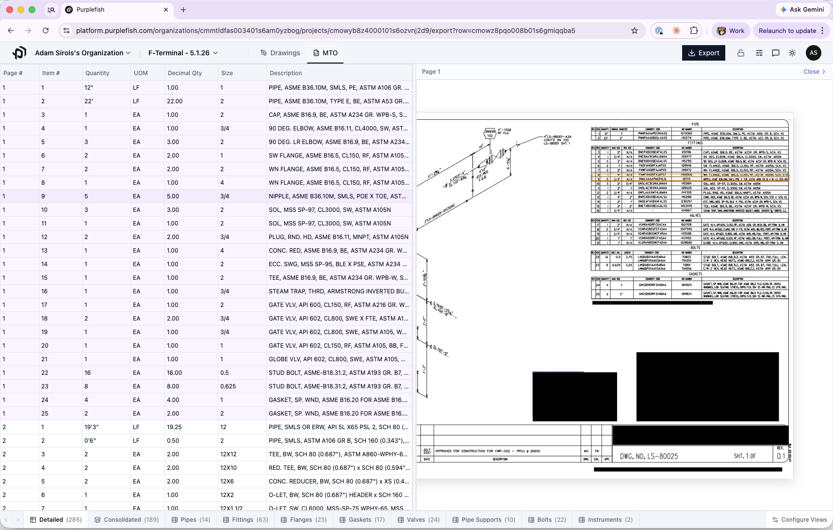 Purplefish platform showing detailed BOM view with line items on the left and the corresponding ISO drawing on the right, allowing estimators to click any row and see the source drawing